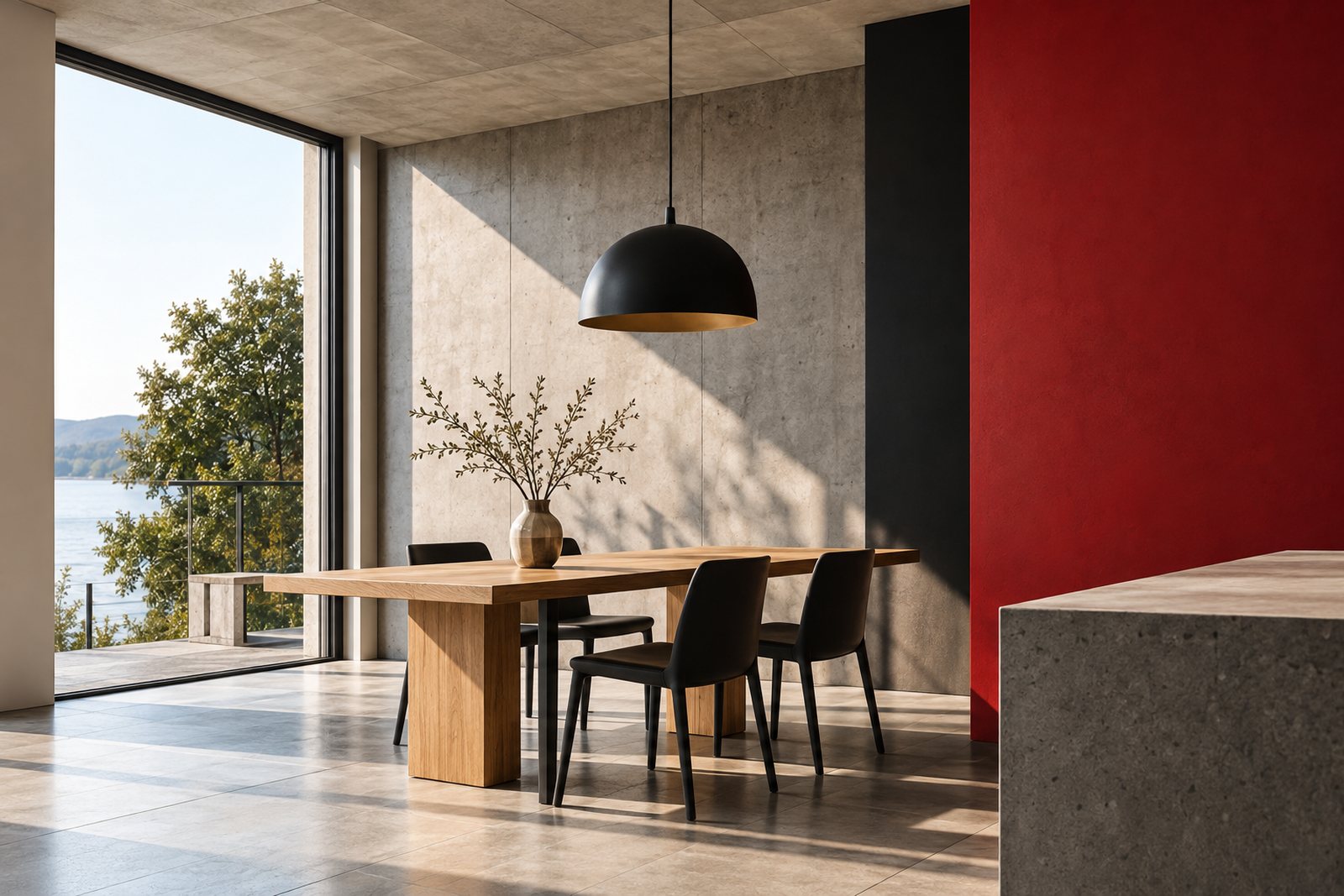 Lichtdurchfluteter Essbereich mit Sichtbeton, Eichentisch und roter Wand