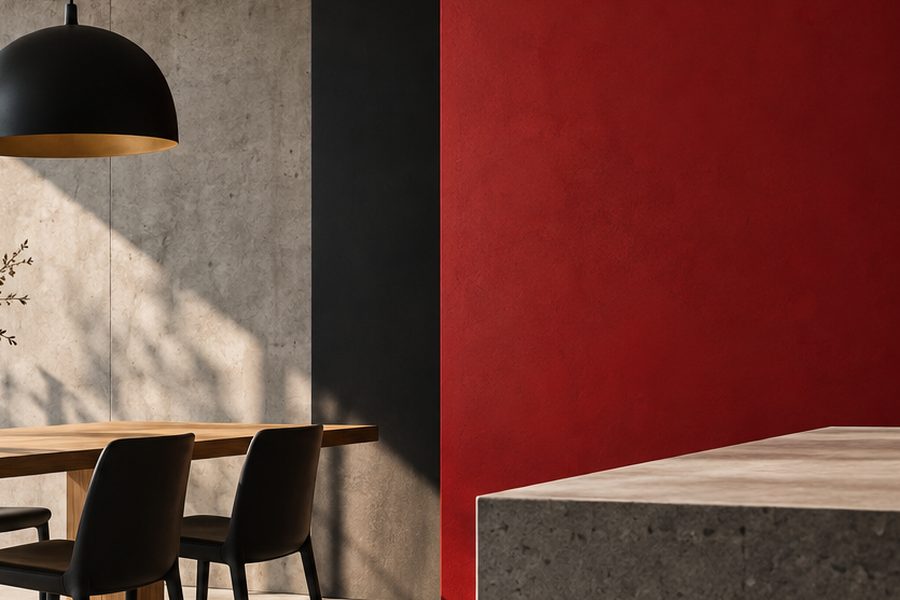 Urban Living – Küche mit roter Wand und Betoninsel